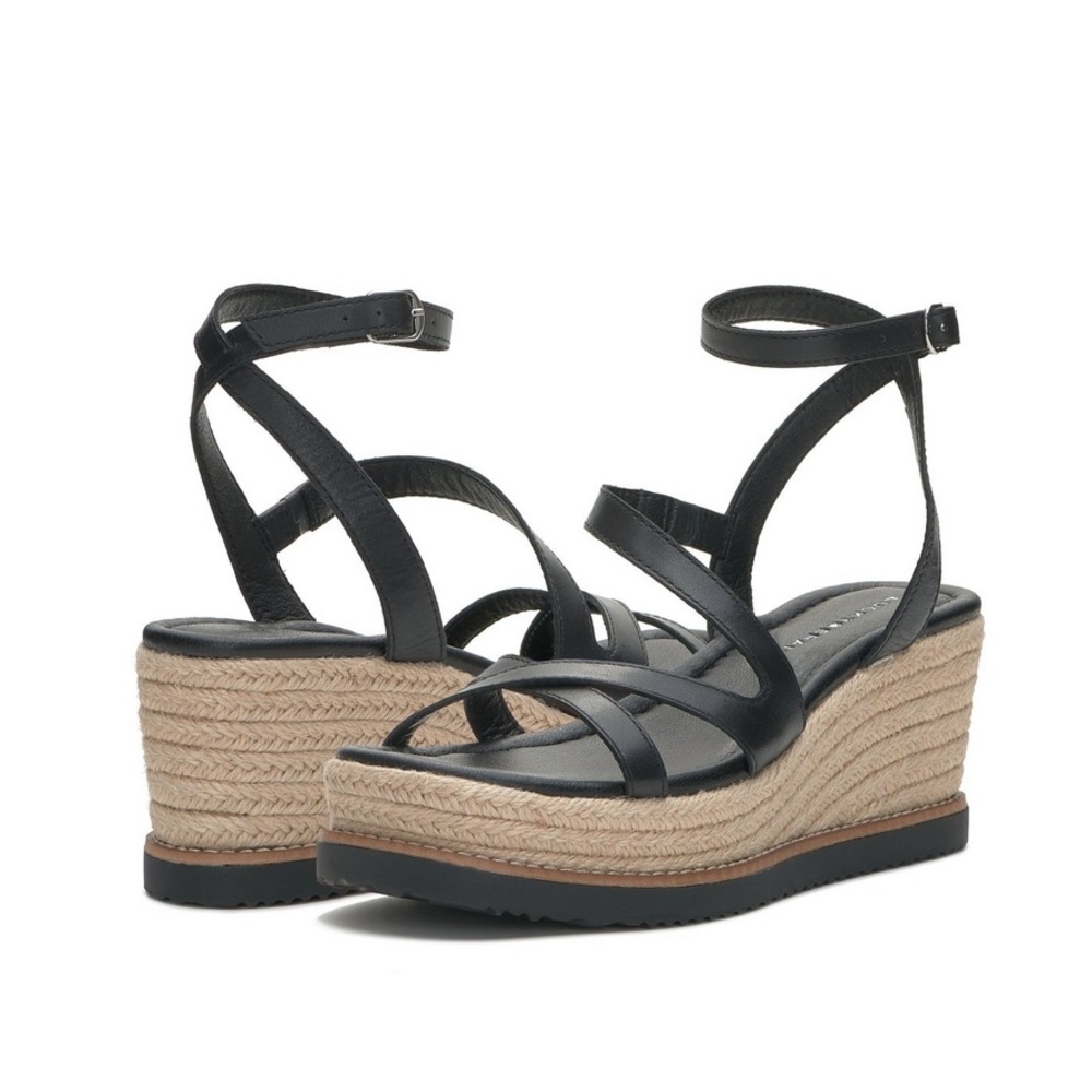 Lucky Brand Carolie Espandrille Wedge Sandals in Black Leather NWOB